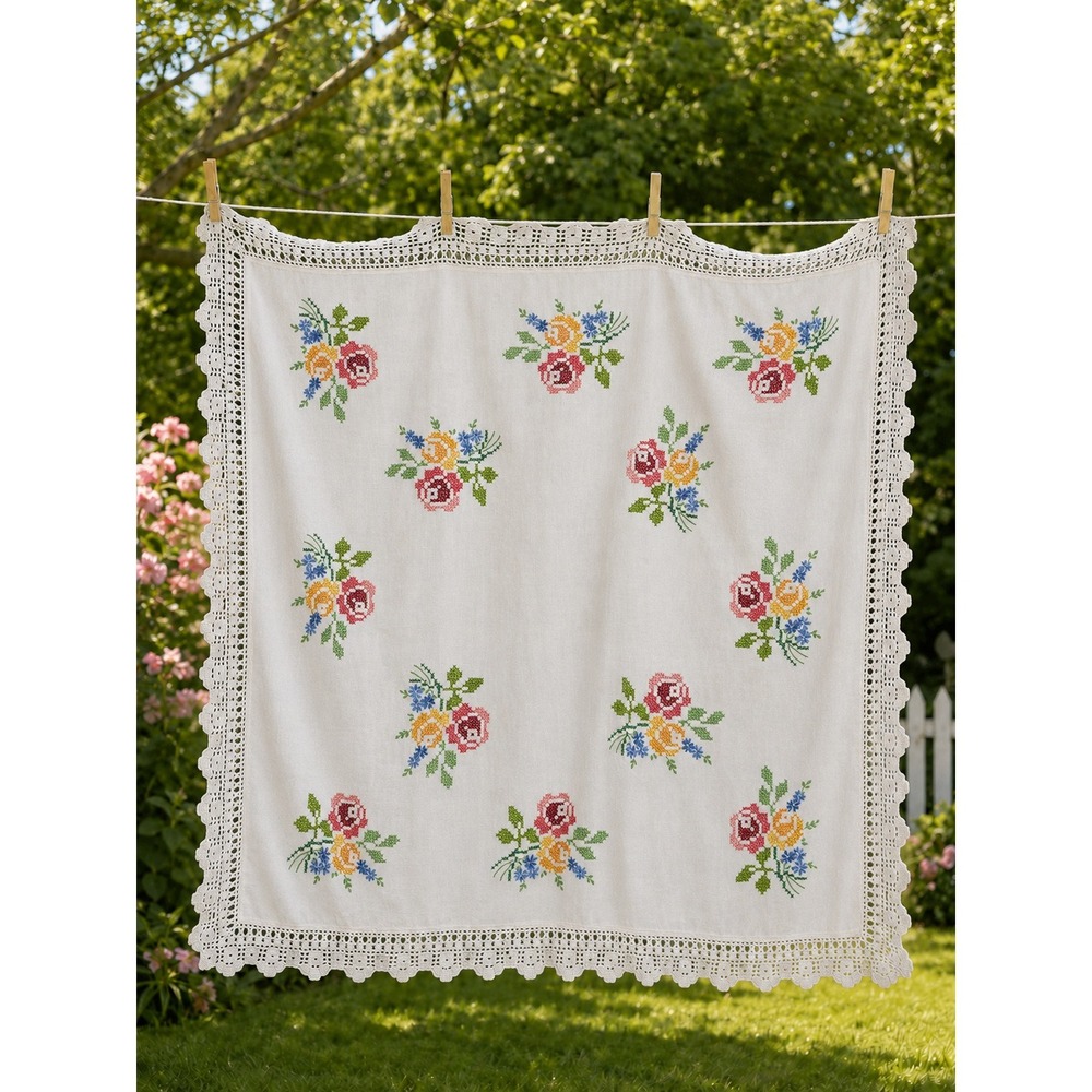 Vintage Hand Embroidered Cross Stitch Floral Tablecloth Crochet Lace Trim Cream